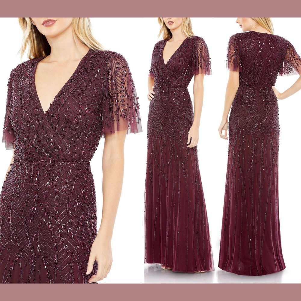 NWT$698 Mac Duggal [ 10 ] V-Neck Embellished Flutter Sleeve Gown Aubergine G1812
